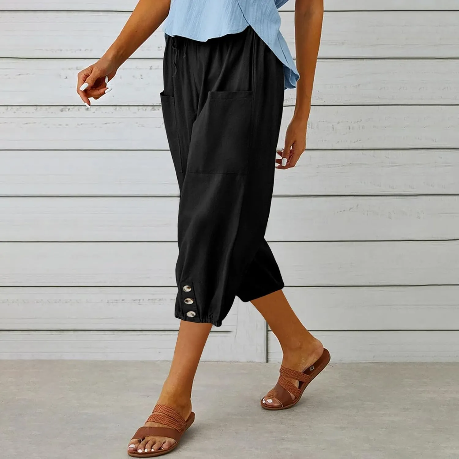 PTOLOCIF Linen Pants for Women,Lightweight Boho Pants Drawstring Elastic Waist Pants High Waisted Beach Palazzo Pants