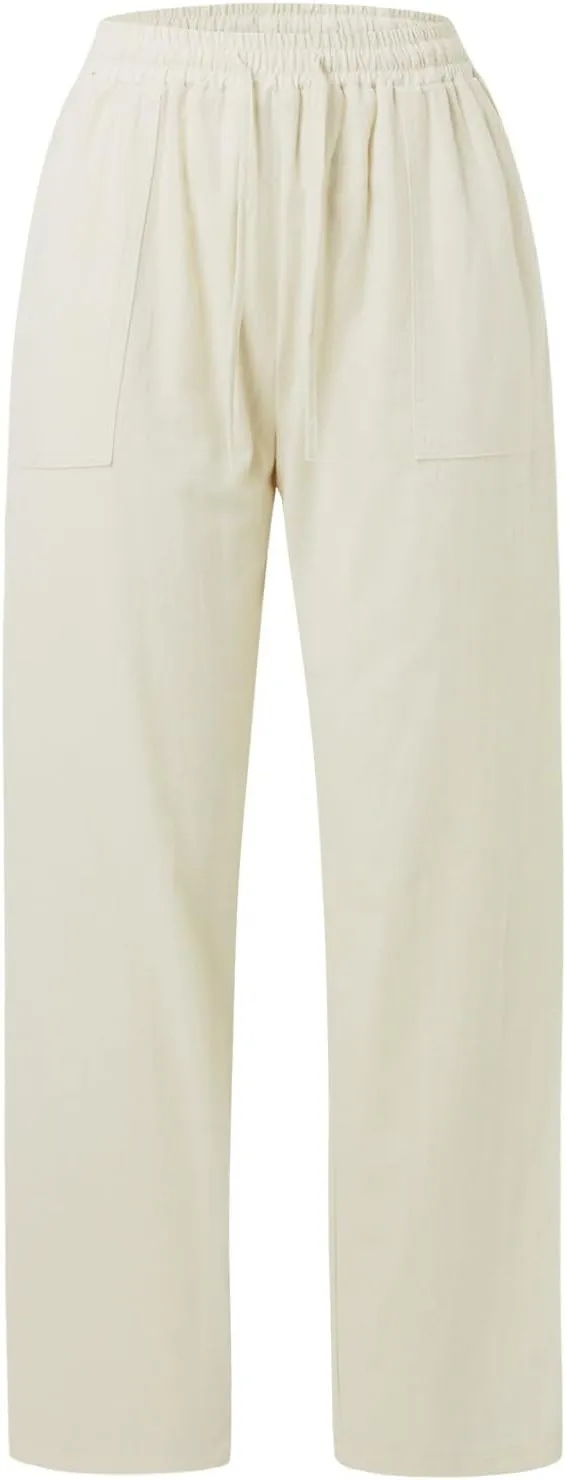 PTOLOCIF Linen Pants Women Summer,Drawstring Elastic Waist Pants Cotton Linen Tapered Pants Casual Travel Pants Trousers