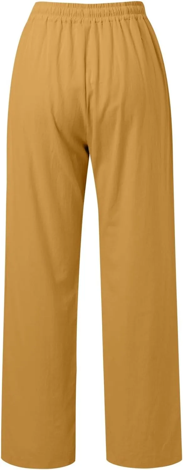 PTOLOCIF Linen Pants Women Summer,Drawstring Elastic Waist Pants Cotton Linen Tapered Pants Casual Travel Pants Trousers