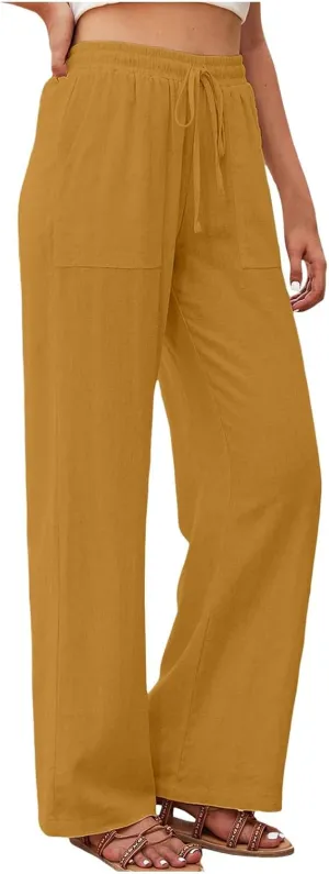 PTOLOCIF Linen Pants Women Summer,Drawstring Elastic Waist Pants Cotton Linen Tapered Pants Casual Travel Pants Trousers