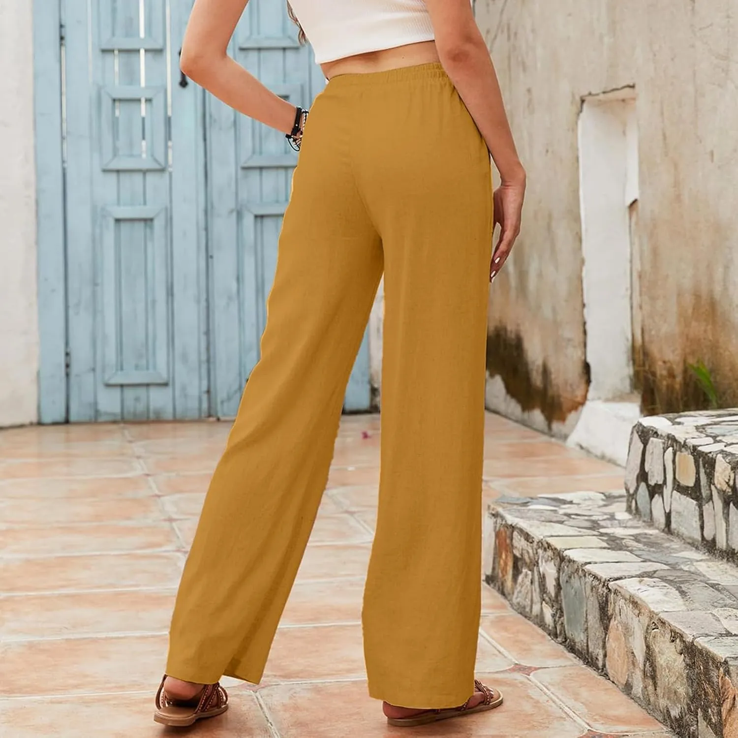 PTOLOCIF Linen Pants Women Summer,Drawstring Elastic Waist Pants Cotton Linen Tapered Pants Casual Travel Pants Trousers