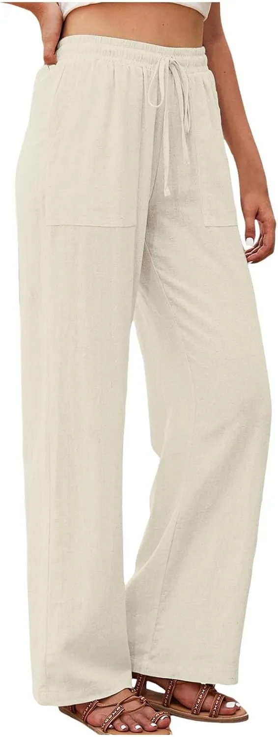 PTOLOCIF Linen Pants Women Summer,Drawstring Elastic Waist Pants Cotton Linen Tapered Pants Casual Travel Pants Trousers