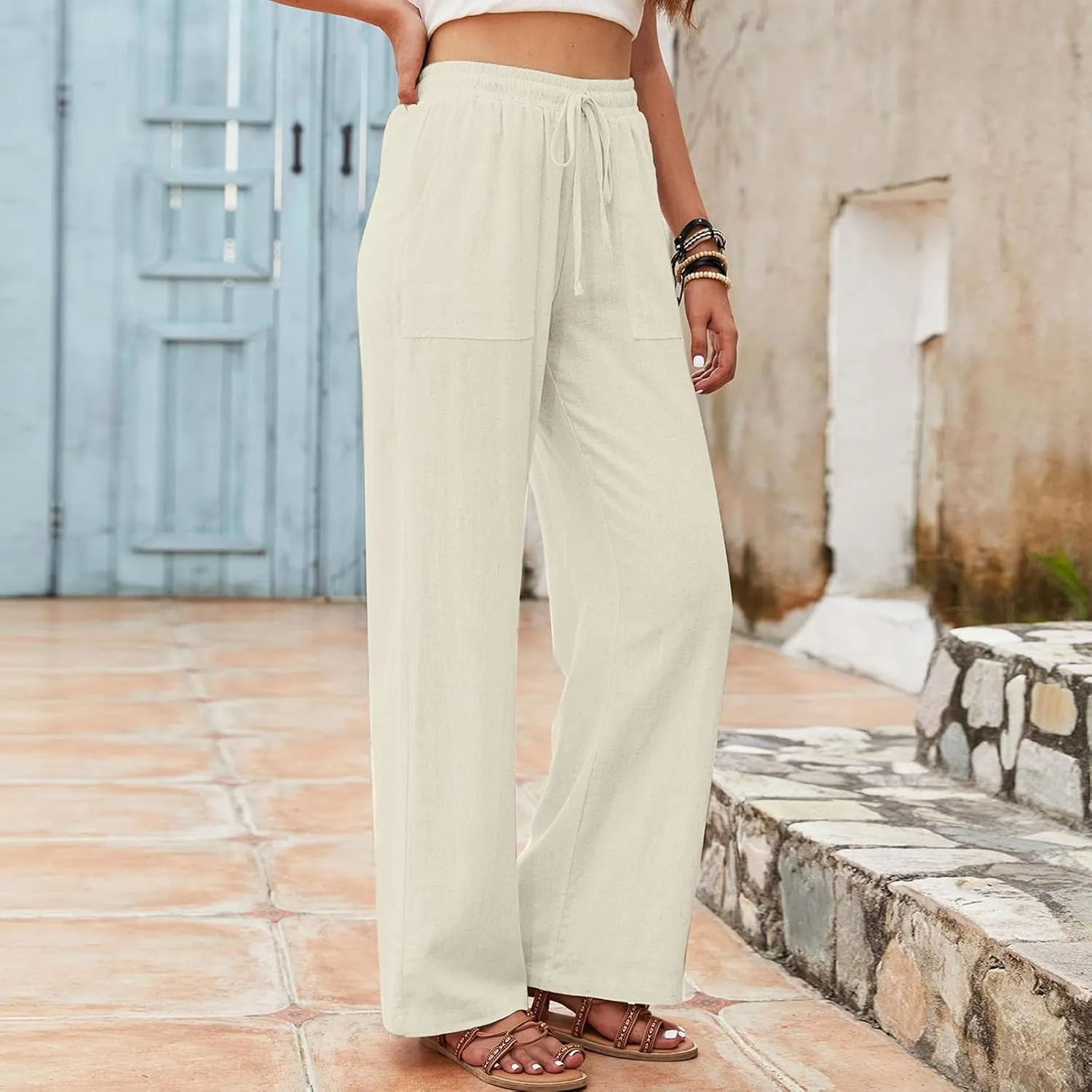 PTOLOCIF Linen Pants Women Summer,Drawstring Elastic Waist Pants Cotton Linen Tapered Pants Casual Travel Pants Trousers