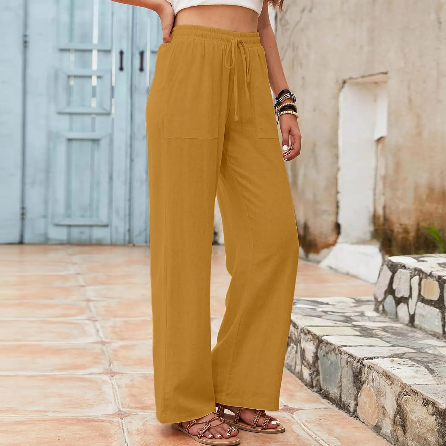 PTOLOCIF Linen Pants Women Summer,Drawstring Elastic Waist Pants Cotton Linen Tapered Pants Casual Travel Pants Trousers