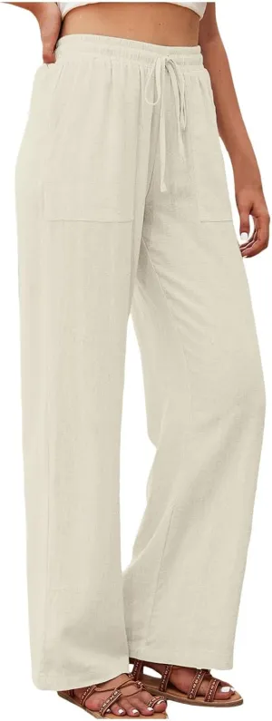 PTOLOCIF Linen Pants Women Summer,Drawstring Elastic Waist Pants Cotton Linen Tapered Pants Casual Travel Pants Trousers
