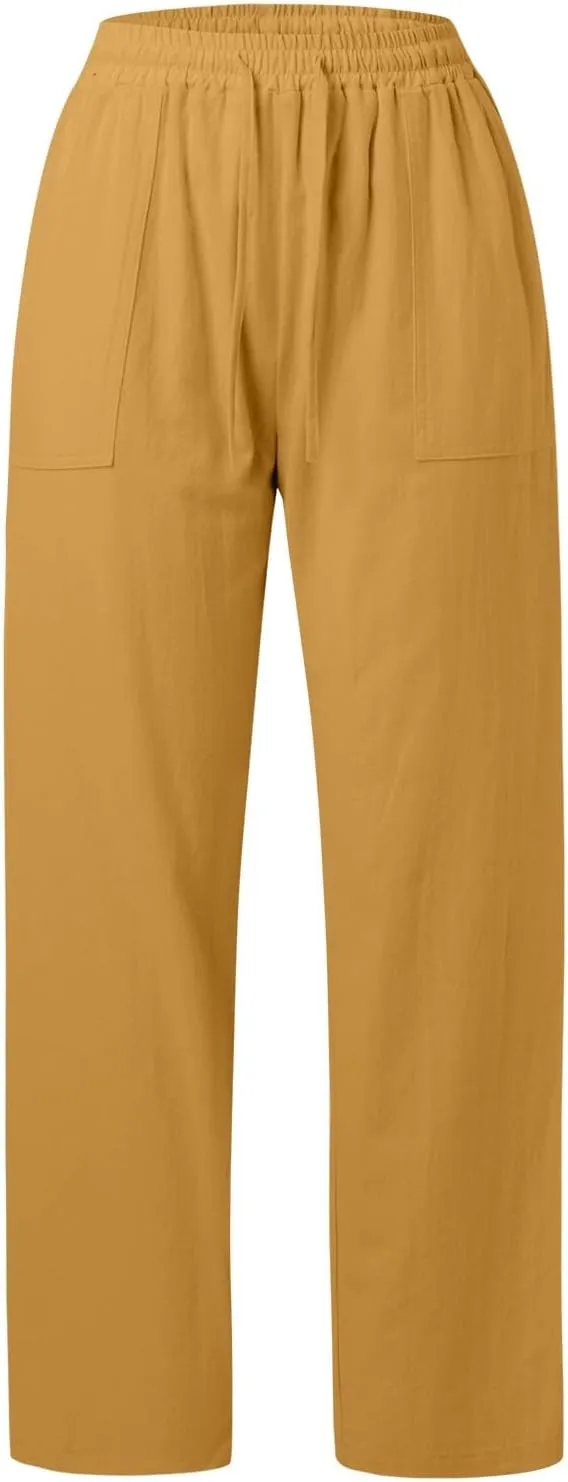 PTOLOCIF Linen Pants Women Summer,Drawstring Elastic Waist Pants Cotton Linen Tapered Pants Casual Travel Pants Trousers