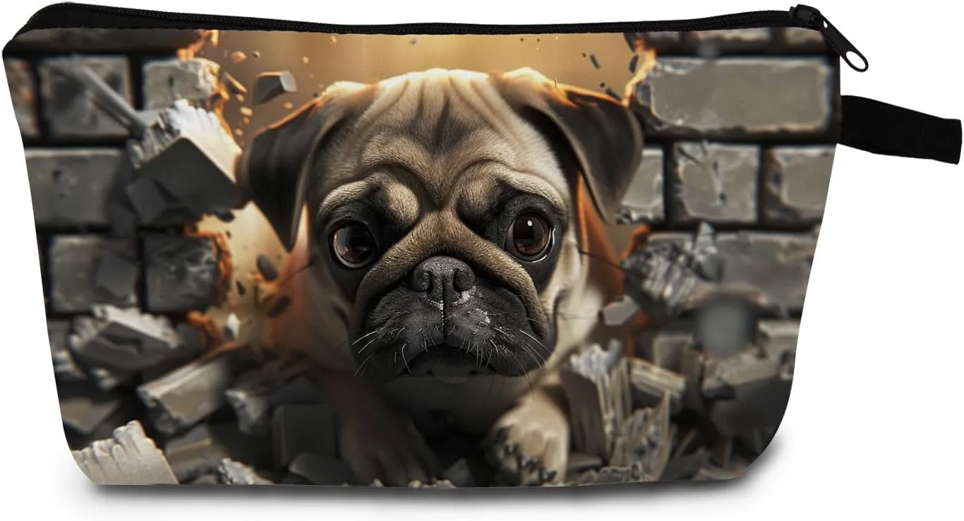 Pug breaking through the wall Makeup Bag for Women Travel Cosmetic Organizer Bag Teacher Appreciation Gifts Small Zipper Toiletry Bag