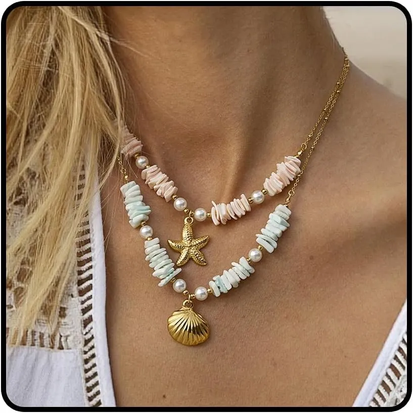 Puka Shell Necklace for Women Gold Shell Starfish Pendant Necklace 2 Layered Puka Shell Pearl Necklaces Summer Beach Choker Necklace Surfer Necklace Jewelry Accessories