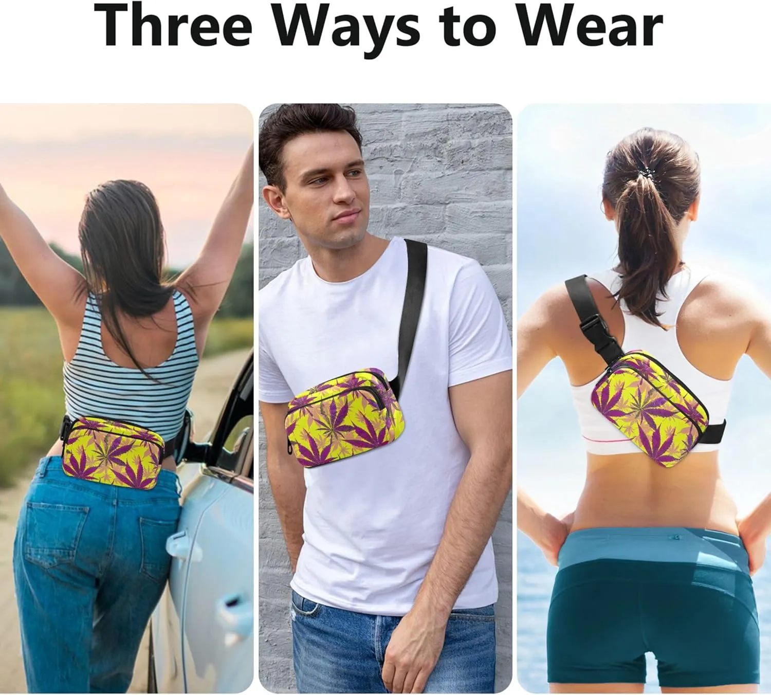 Purple Maple Leaves Yellow Fanny Packs for Women Cartoon Hip Pack Belt Pouch Waterproof Waist Pouch for Women