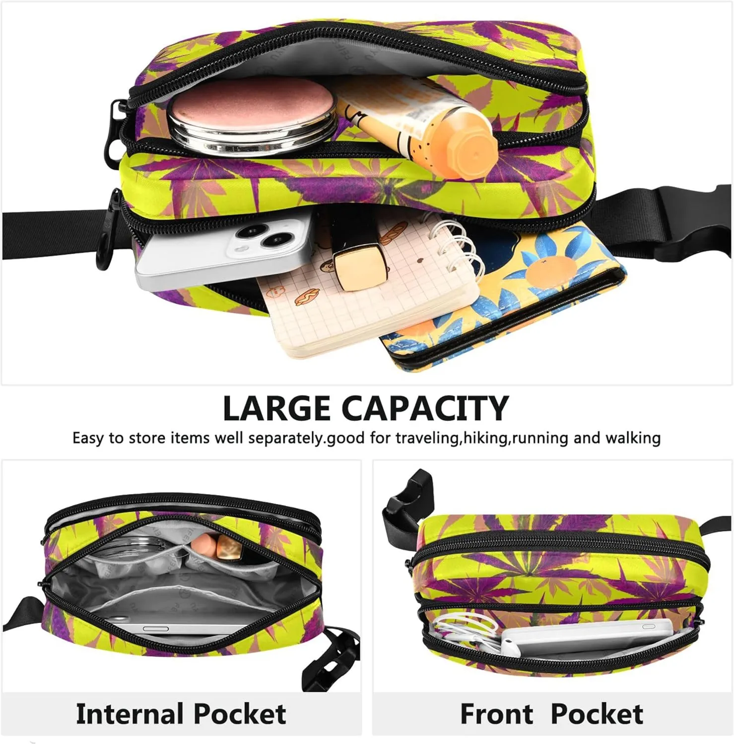 Purple Maple Leaves Yellow Fanny Packs for Women Cartoon Hip Pack Belt Pouch Waterproof Waist Pouch for Women