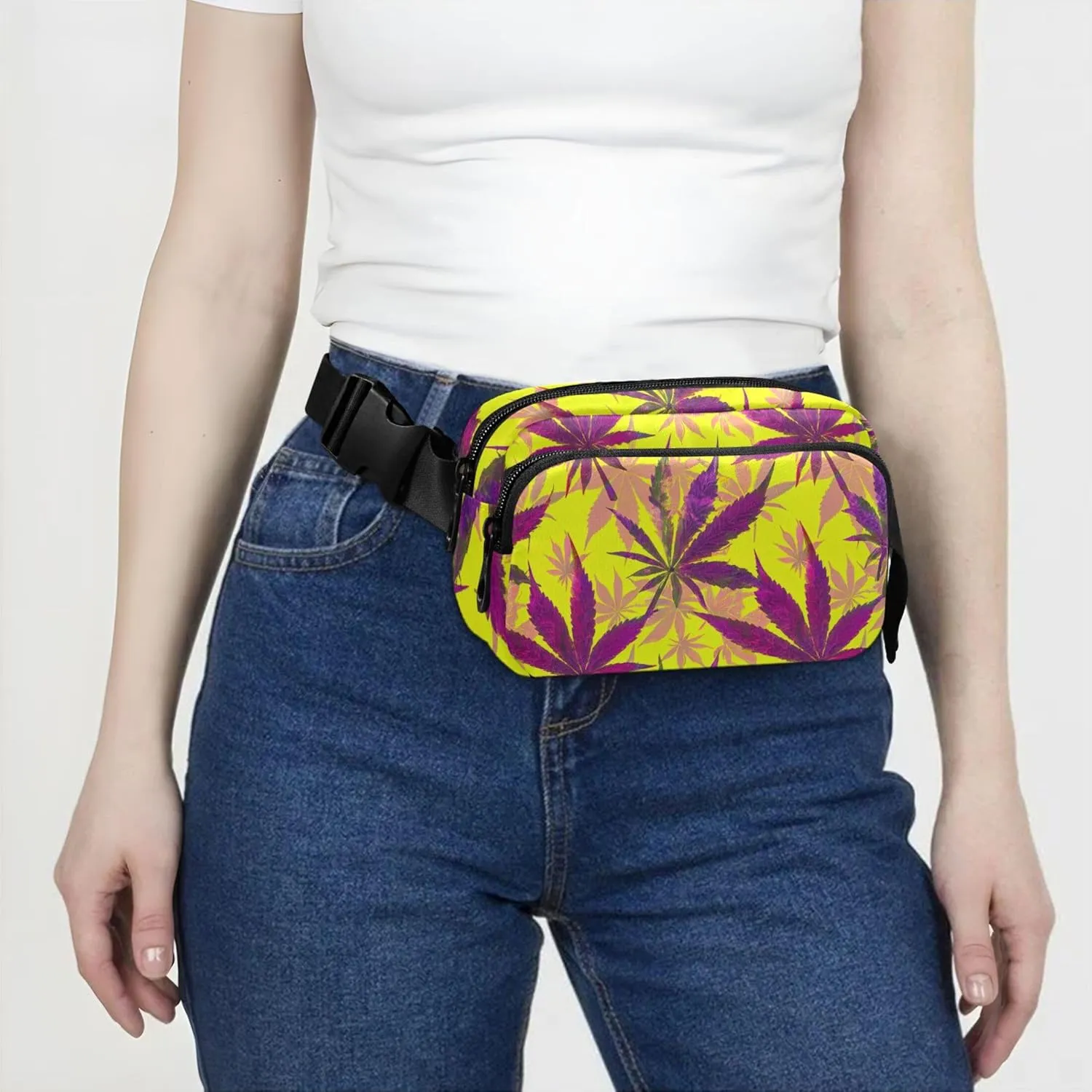Purple Maple Leaves Yellow Fanny Packs for Women Cartoon Hip Pack Belt Pouch Waterproof Waist Pouch for Women