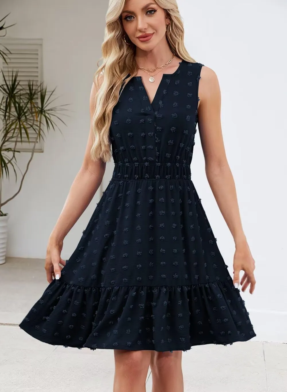 QACOHU 2025 Women Summer Short Dress Sleeveless V Neck Swiss Dot A Line Swing Mini Sundress for Women