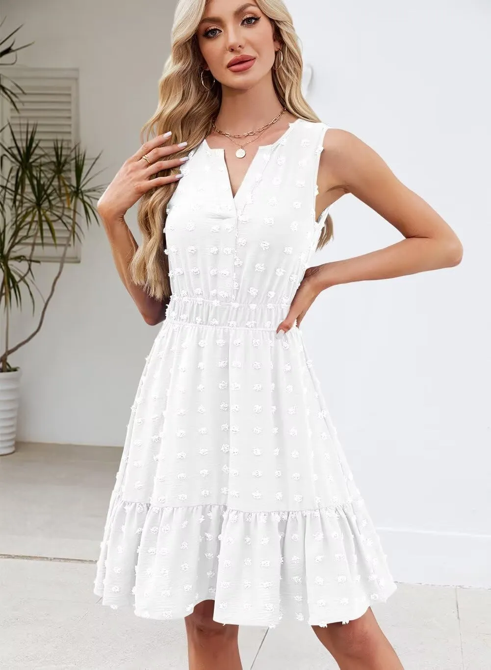 QACOHU 2025 Women Summer Short Dress Sleeveless V Neck Swiss Dot A Line Swing Mini Sundress for Women