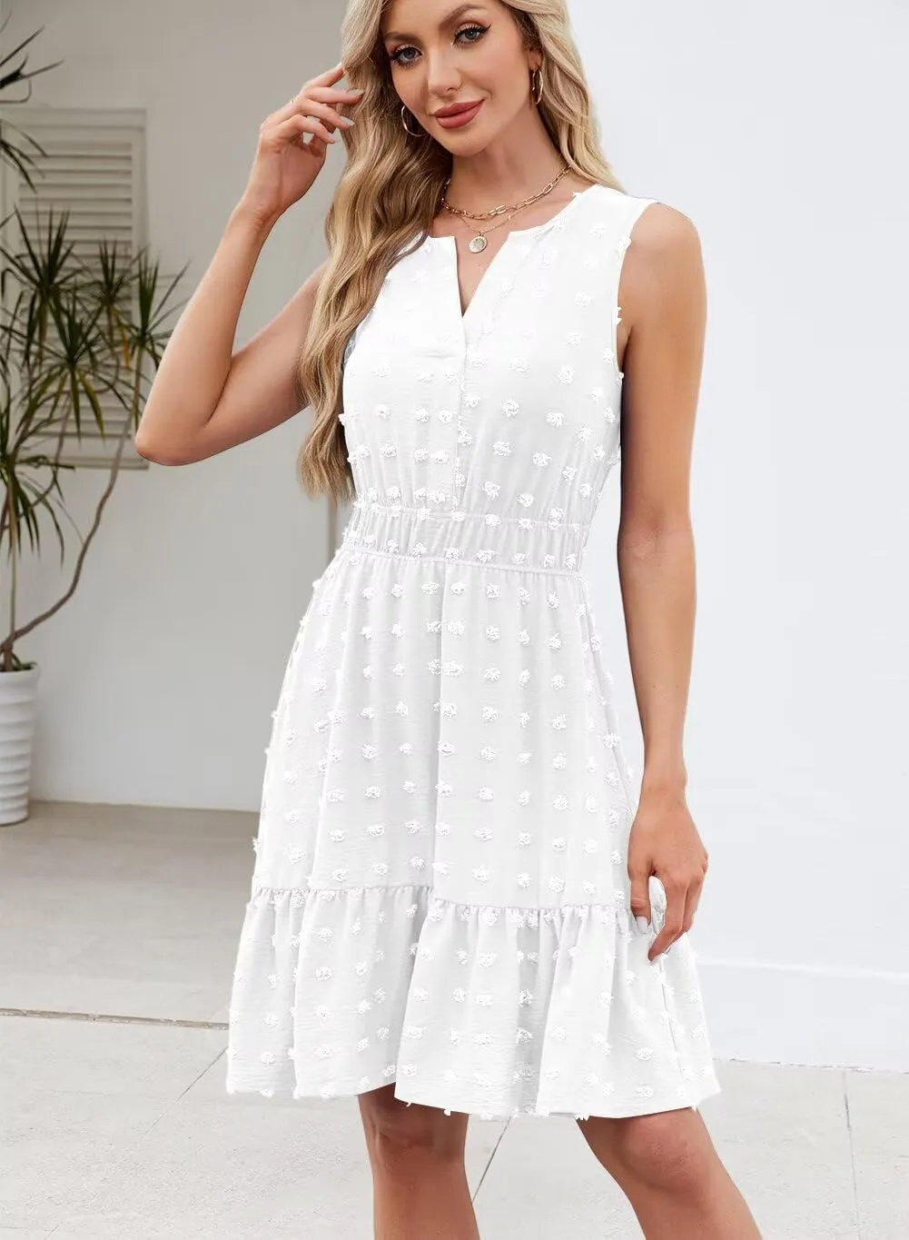 QACOHU 2025 Women Summer Short Dress Sleeveless V Neck Swiss Dot A Line Swing Mini Sundress for Women