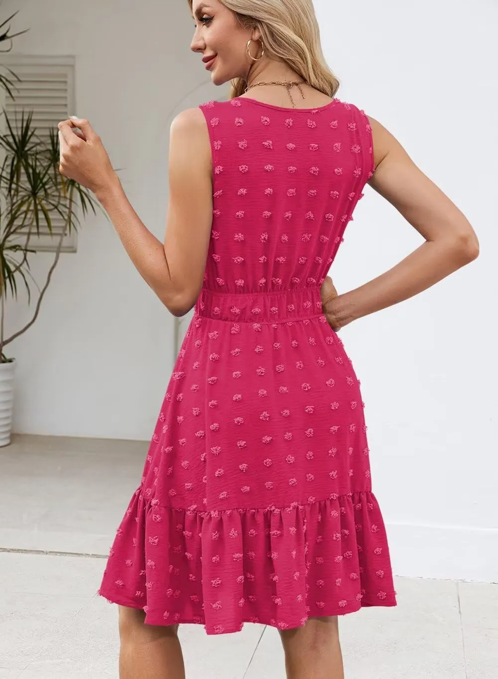 QACOHU 2025 Women Summer Short Dress Sleeveless V Neck Swiss Dot A Line Swing Mini Sundress for Women