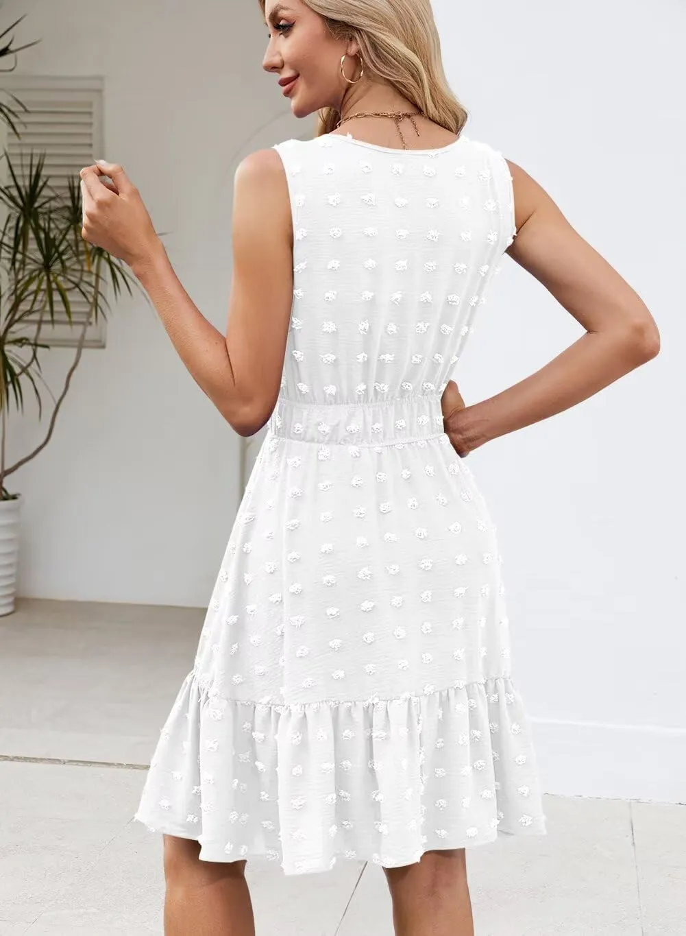 QACOHU 2025 Women Summer Short Dress Sleeveless V Neck Swiss Dot A Line Swing Mini Sundress for Women