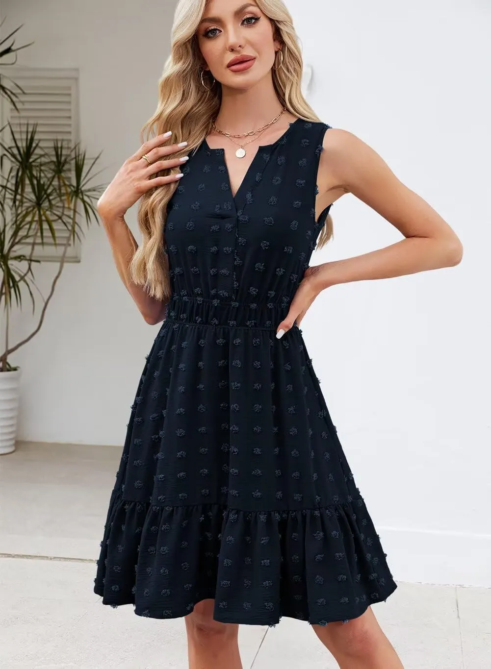 QACOHU 2025 Women Summer Short Dress Sleeveless V Neck Swiss Dot A Line Swing Mini Sundress for Women