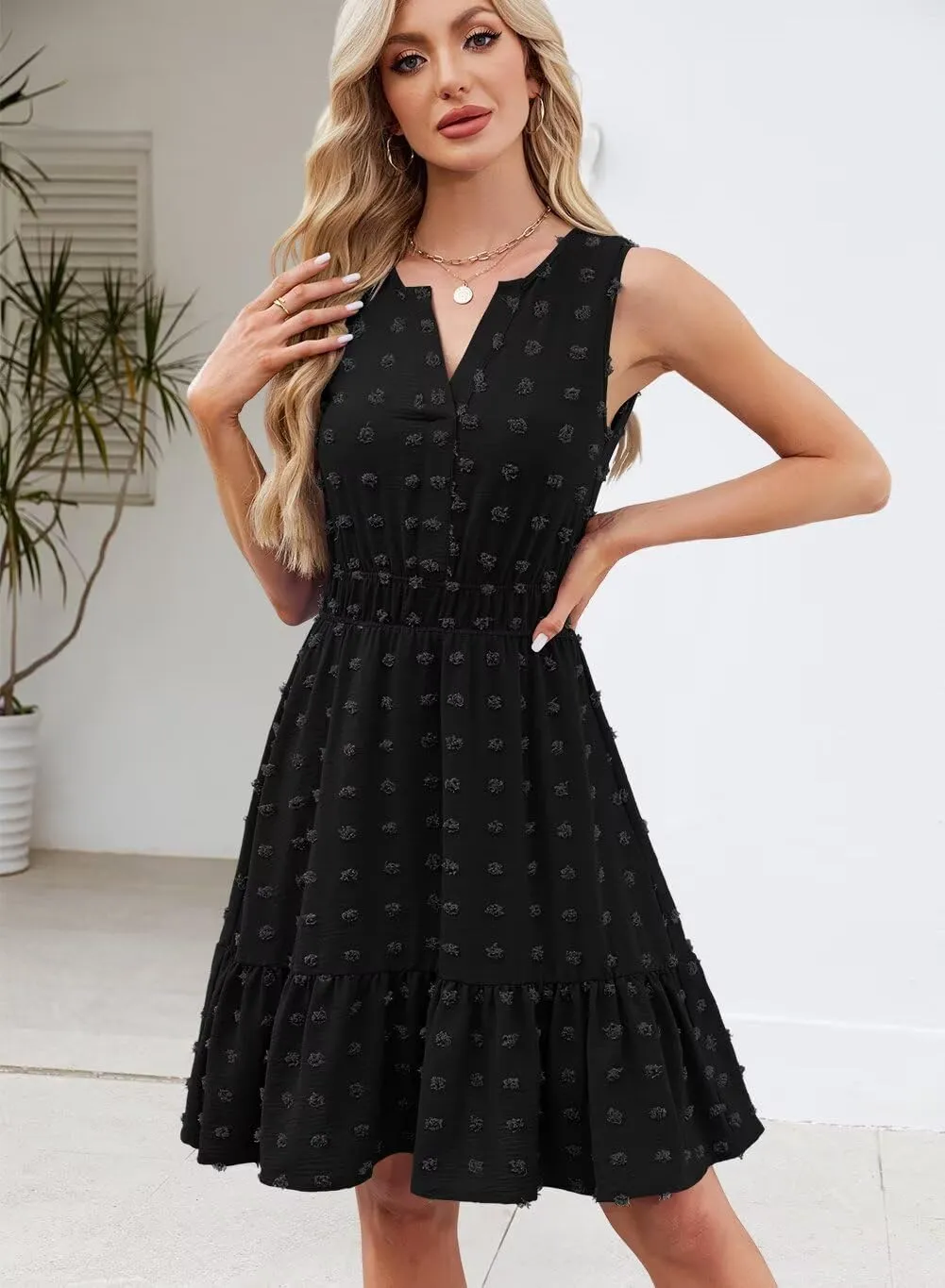 QACOHU 2025 Women Summer Short Dress Sleeveless V Neck Swiss Dot A Line Swing Mini Sundress for Women