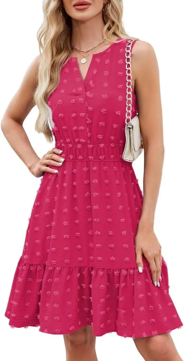 QACOHU 2025 Women Summer Short Dress Sleeveless V Neck Swiss Dot A Line Swing Mini Sundress for Women