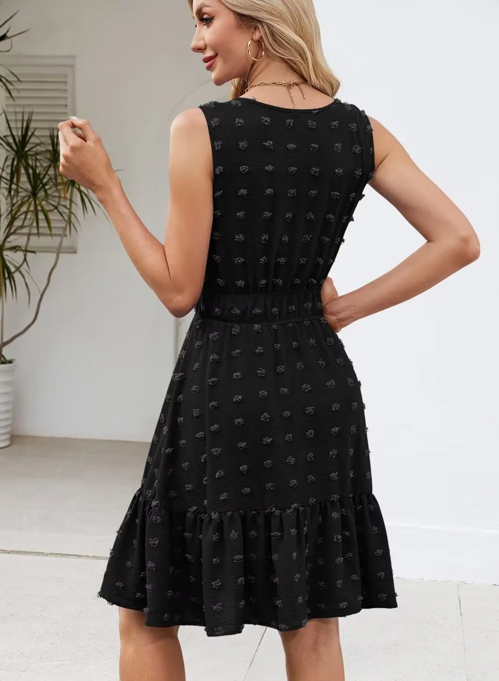 QACOHU 2025 Women Summer Short Dress Sleeveless V Neck Swiss Dot A Line Swing Mini Sundress for Women