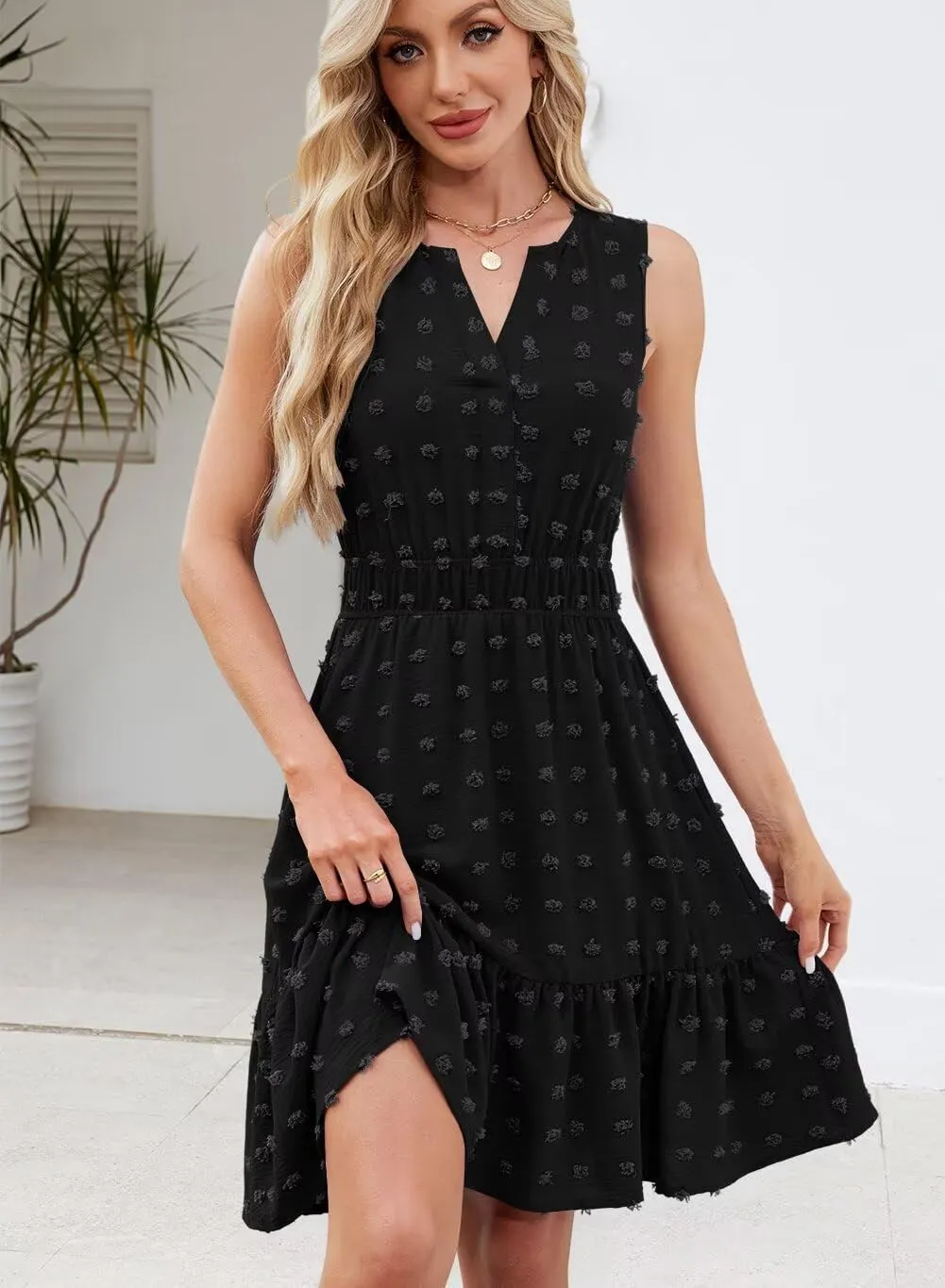 QACOHU 2025 Women Summer Short Dress Sleeveless V Neck Swiss Dot A Line Swing Mini Sundress for Women