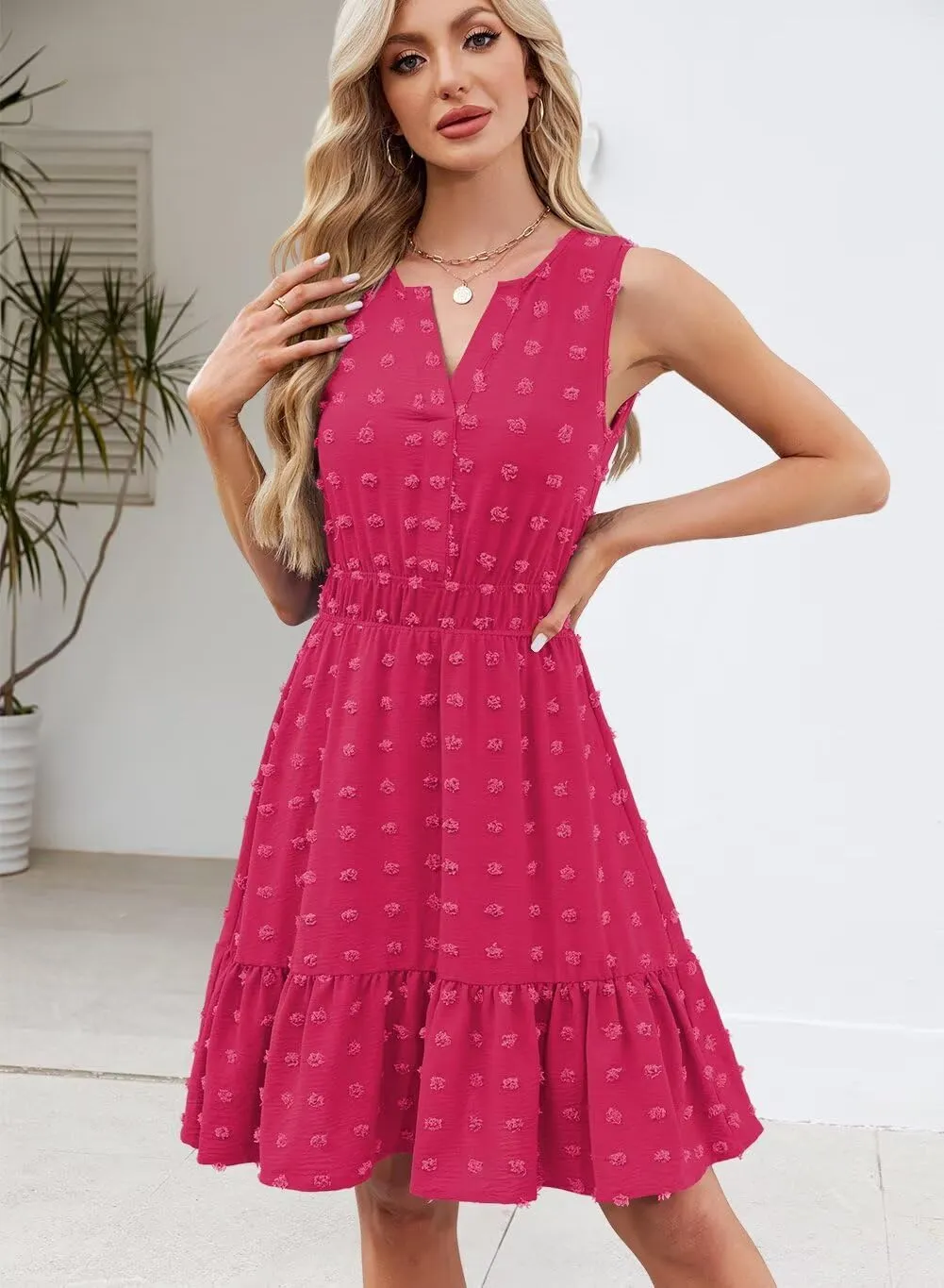QACOHU 2025 Women Summer Short Dress Sleeveless V Neck Swiss Dot A Line Swing Mini Sundress for Women