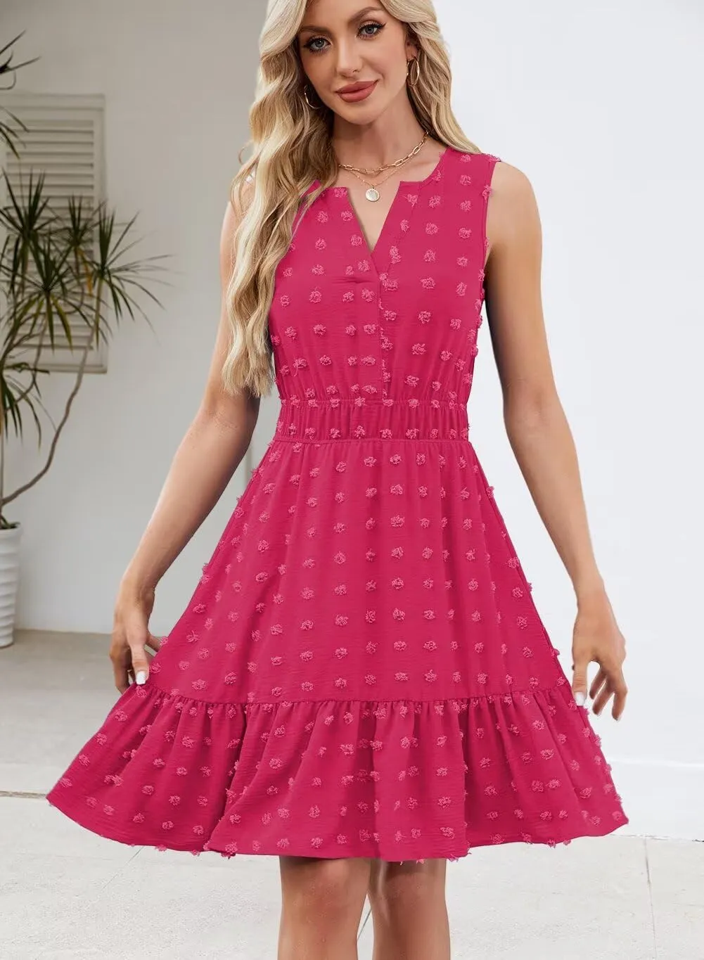 QACOHU 2025 Women Summer Short Dress Sleeveless V Neck Swiss Dot A Line Swing Mini Sundress for Women