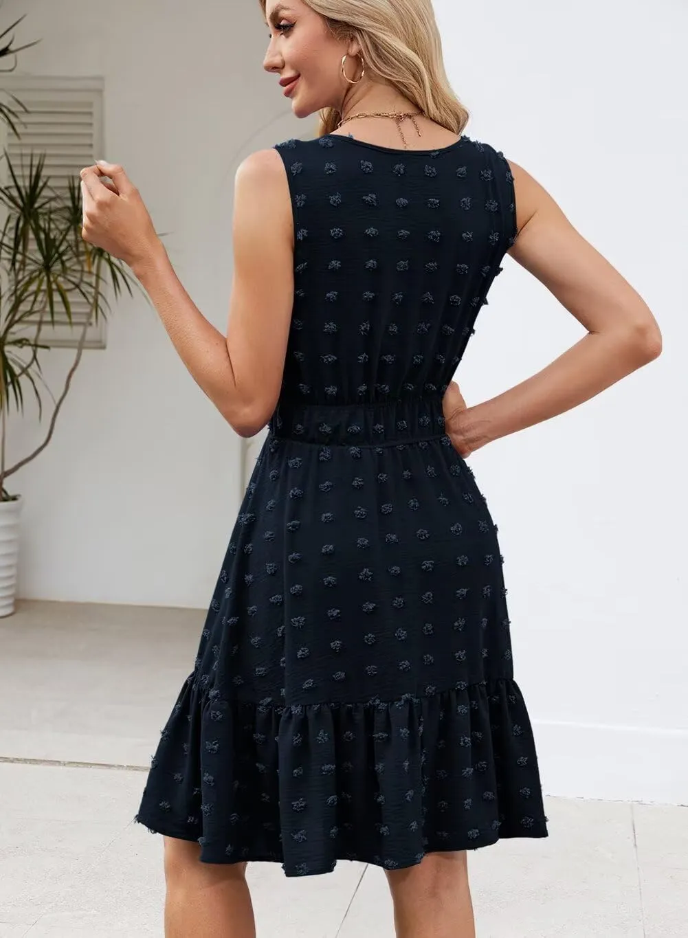 QACOHU 2025 Women Summer Short Dress Sleeveless V Neck Swiss Dot A Line Swing Mini Sundress for Women