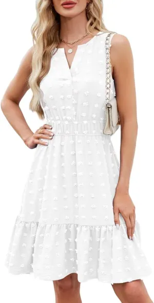 QACOHU 2025 Women Summer Short Dress Sleeveless V Neck Swiss Dot A Line Swing Mini Sundress for Women