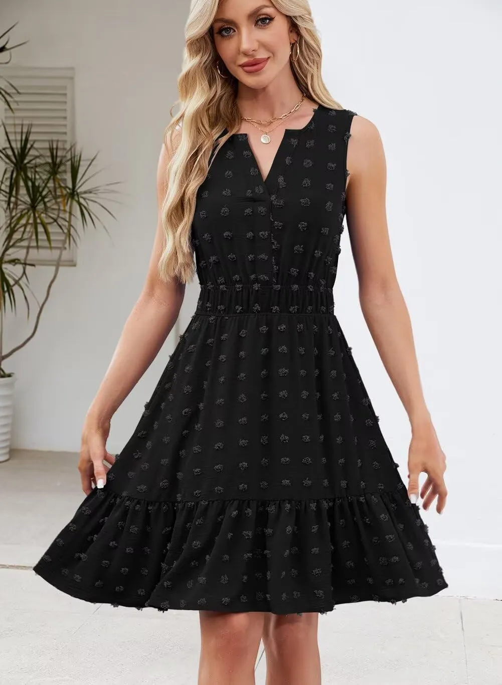 QACOHU 2025 Women Summer Short Dress Sleeveless V Neck Swiss Dot A Line Swing Mini Sundress for Women