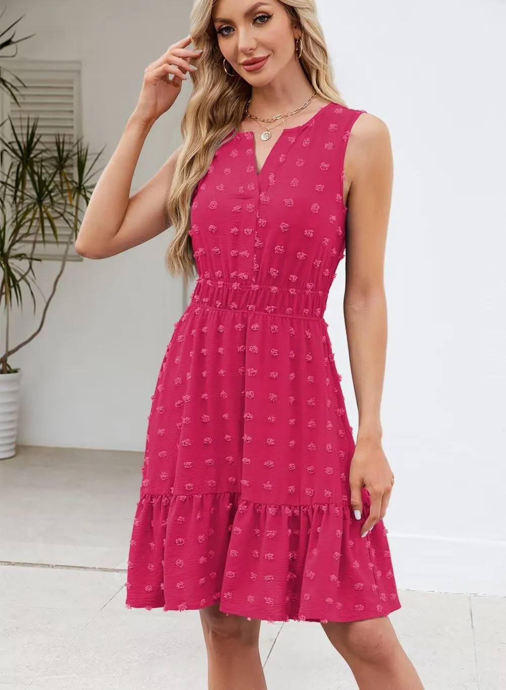 QACOHU 2025 Women Summer Short Dress Sleeveless V Neck Swiss Dot A Line Swing Mini Sundress for Women