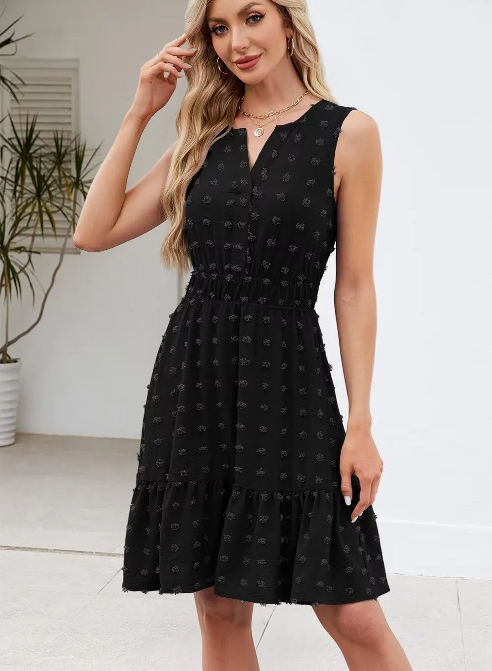 QACOHU 2025 Women Summer Short Dress Sleeveless V Neck Swiss Dot A Line Swing Mini Sundress for Women