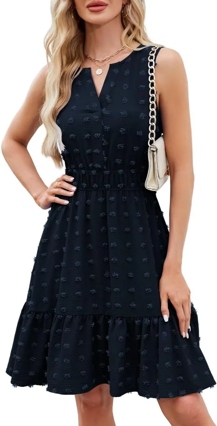QACOHU 2025 Women Summer Short Dress Sleeveless V Neck Swiss Dot A Line Swing Mini Sundress for Women