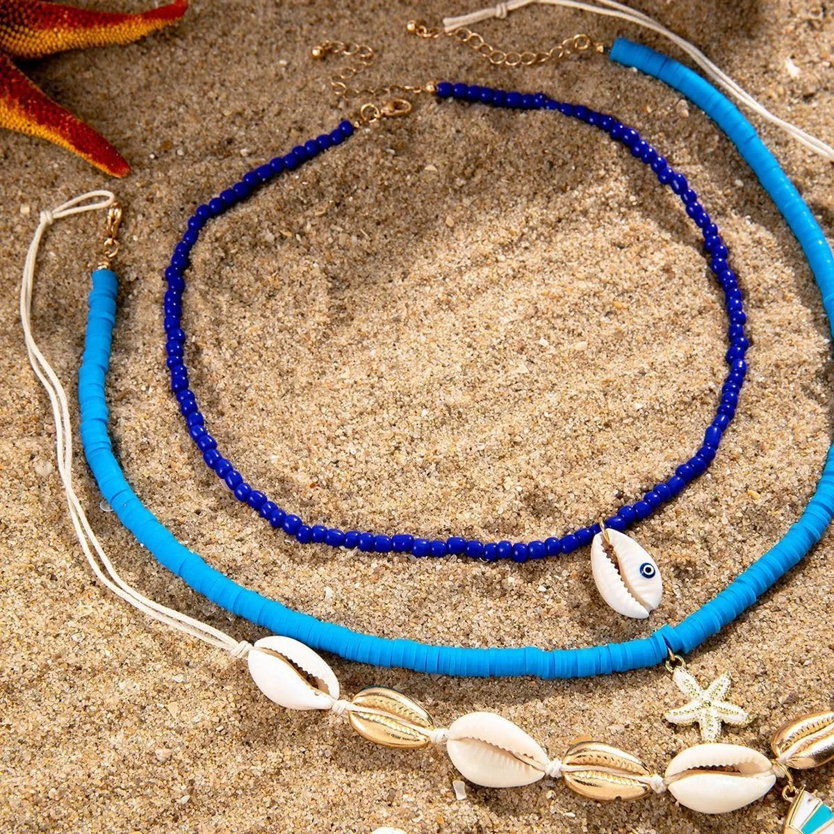 Q&D&S Beach shell necklace Layering Starfish necklace Summer fashion jewelry Handmade beaded for Women