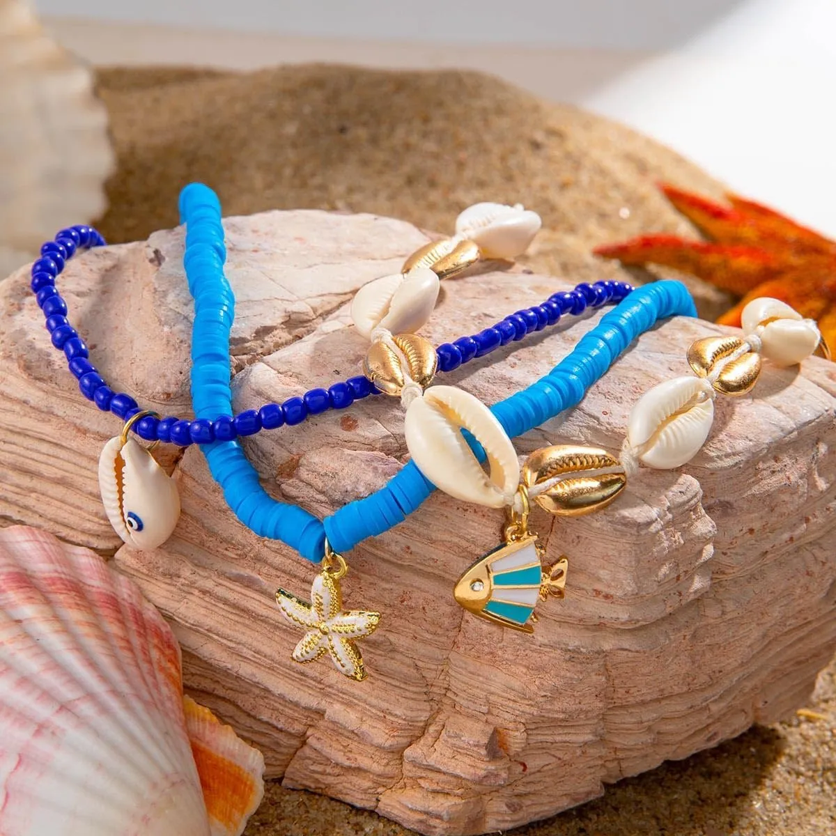 Q&D&S Beach shell necklace Layering Starfish necklace Summer fashion jewelry Handmade beaded for Women