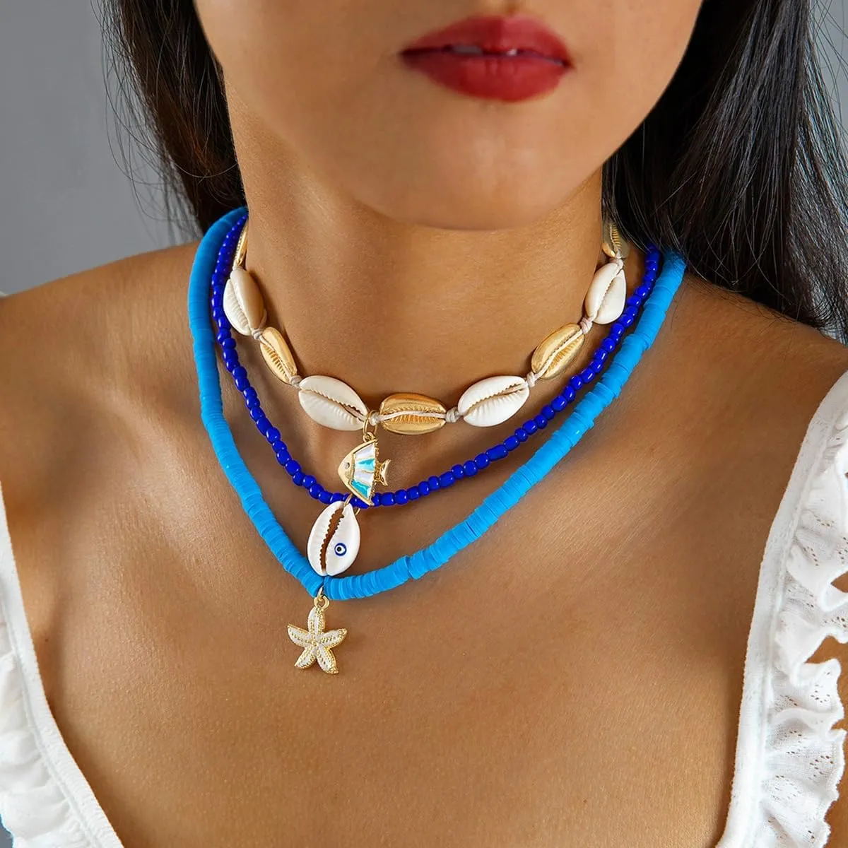 Q&D&S Beach shell necklace Layering Starfish necklace Summer fashion jewelry Handmade beaded for Women
