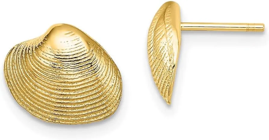 Real 10k Yellow Gold Clam Shell Post Studs Earrings