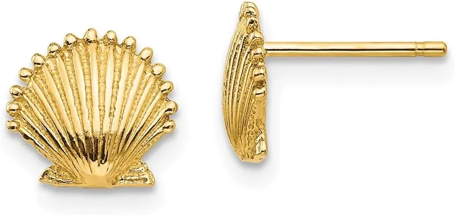 Real 10k Yellow Gold Scallop Shell Post Studs Earrings