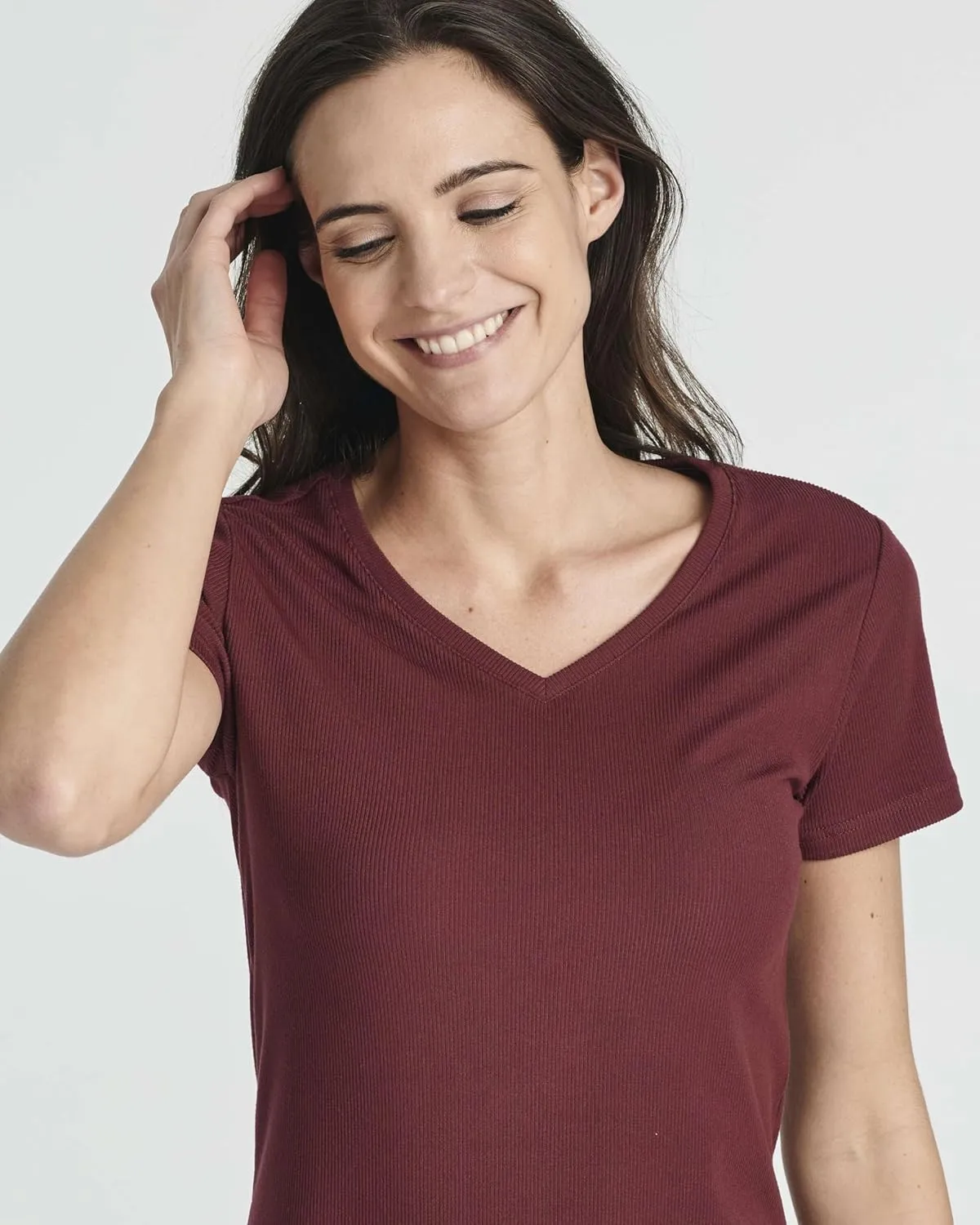 Real Essentials 3 Pack: Women's Ribbed Knit Short-Sleeve V-Neck Swing T-Shirt Casual Dress (Available in Plus)