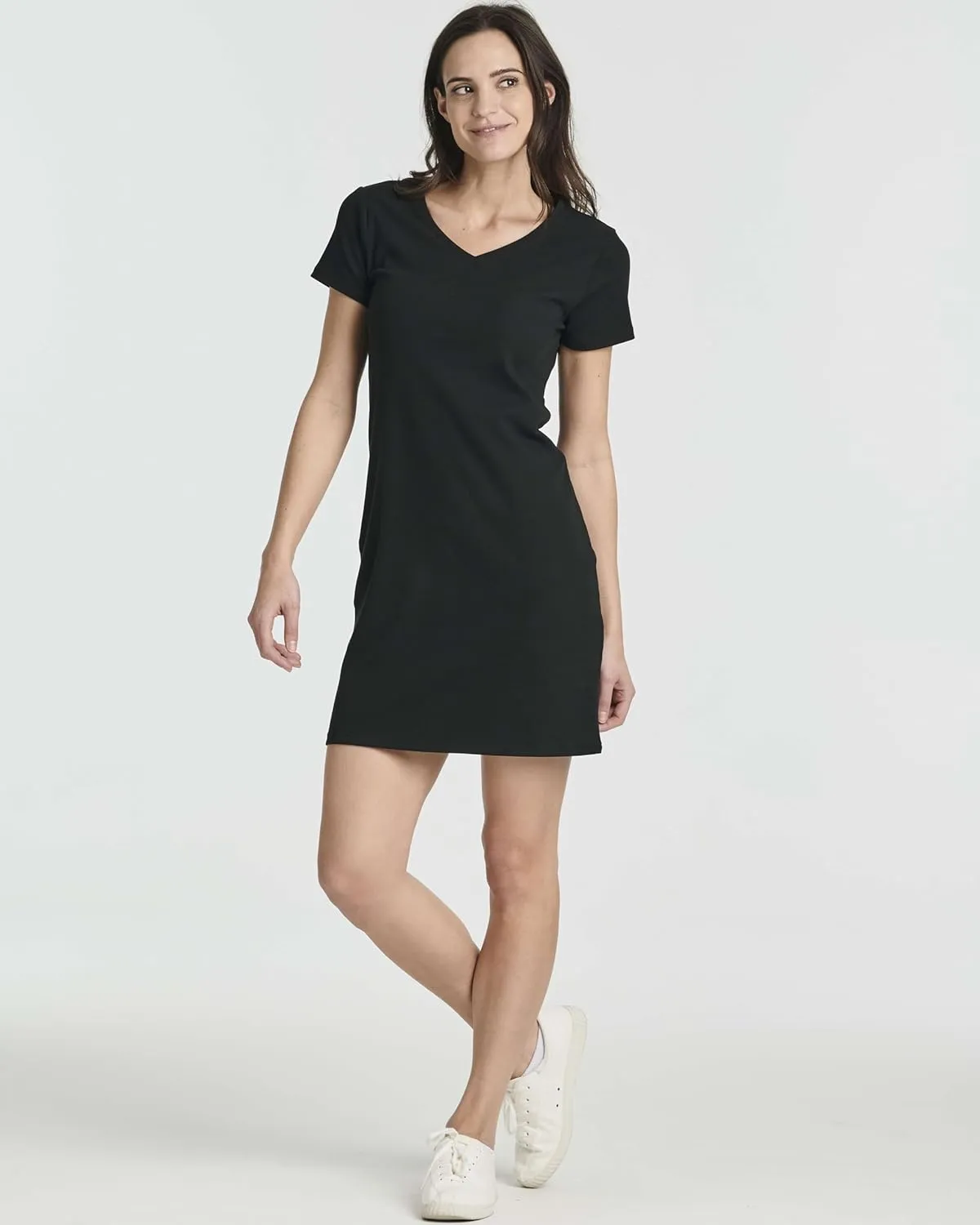 Real Essentials 3 Pack: Women's Ribbed Knit Short-Sleeve V-Neck Swing T-Shirt Casual Dress (Available in Plus)