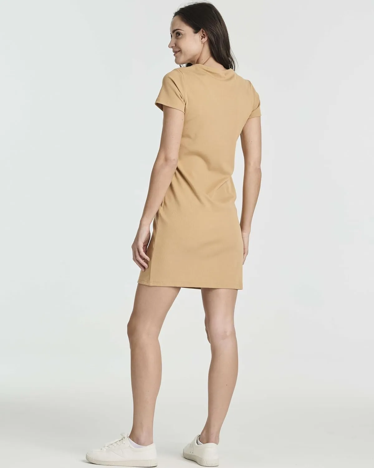Real Essentials 3 Pack: Women's Ribbed Knit Short-Sleeve V-Neck Swing T-Shirt Casual Dress (Available in Plus)