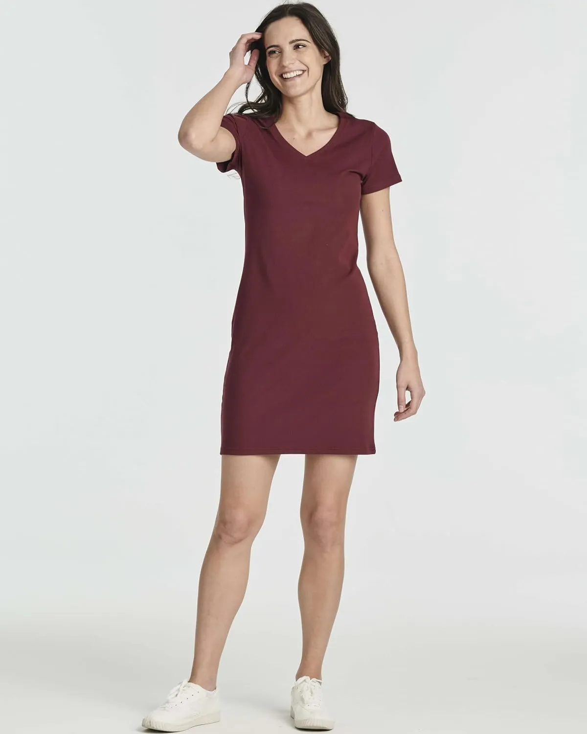 Real Essentials 3 Pack: Women's Ribbed Knit Short-Sleeve V-Neck Swing T-Shirt Casual Dress (Available in Plus)
