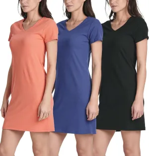 Real Essentials 3 Pack: Women's Ribbed Knit Short-Sleeve V-Neck Swing T-Shirt Casual Dress (Available in Plus)