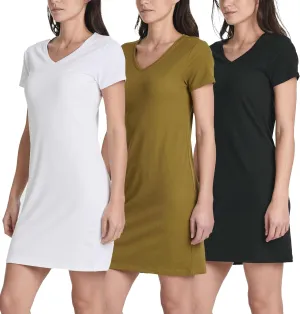 Real Essentials 3 Pack: Women's Ribbed Knit Short-Sleeve V-Neck Swing T-Shirt Casual Dress (Available in Plus)