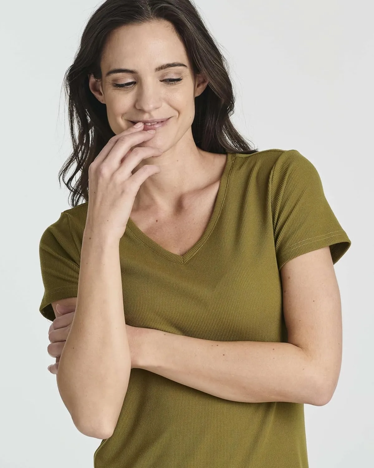 Real Essentials 3 Pack: Women's Ribbed Knit Short-Sleeve V-Neck Swing T-Shirt Casual Dress (Available in Plus)