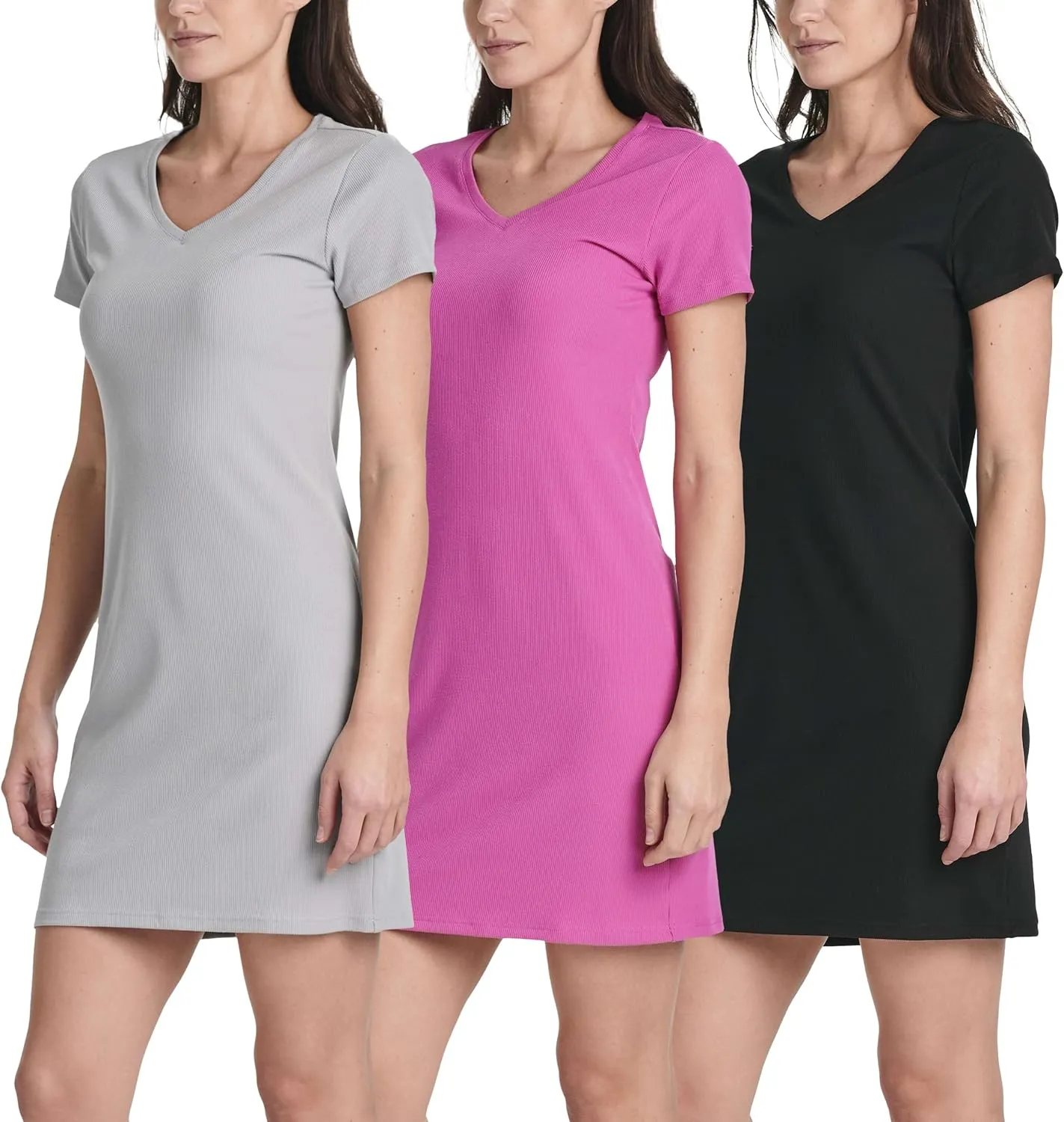 Real Essentials 3 Pack: Women's Ribbed Knit Short-Sleeve V-Neck Swing T-Shirt Casual Dress (Available in Plus)