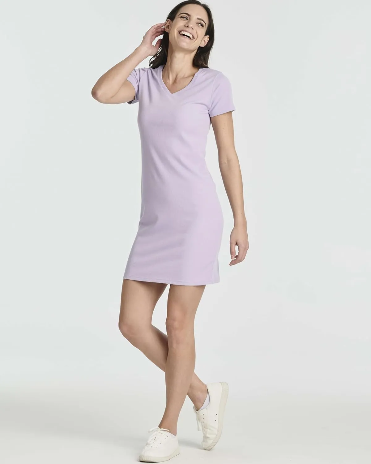 Real Essentials 3 Pack: Women's Ribbed Knit Short-Sleeve V-Neck Swing T-Shirt Casual Dress (Available in Plus)