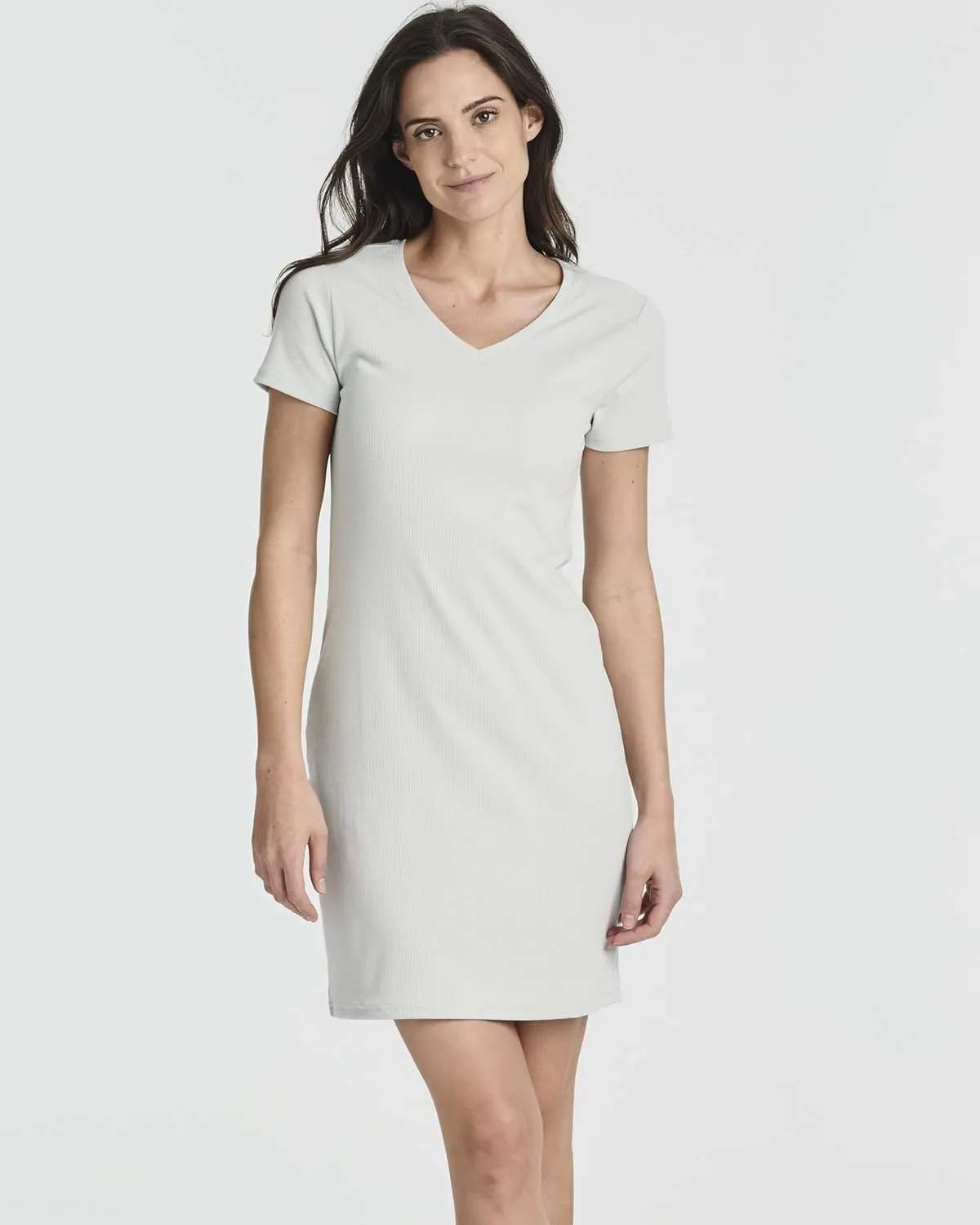 Real Essentials 3 Pack: Women's Ribbed Knit Short-Sleeve V-Neck Swing T-Shirt Casual Dress (Available in Plus)