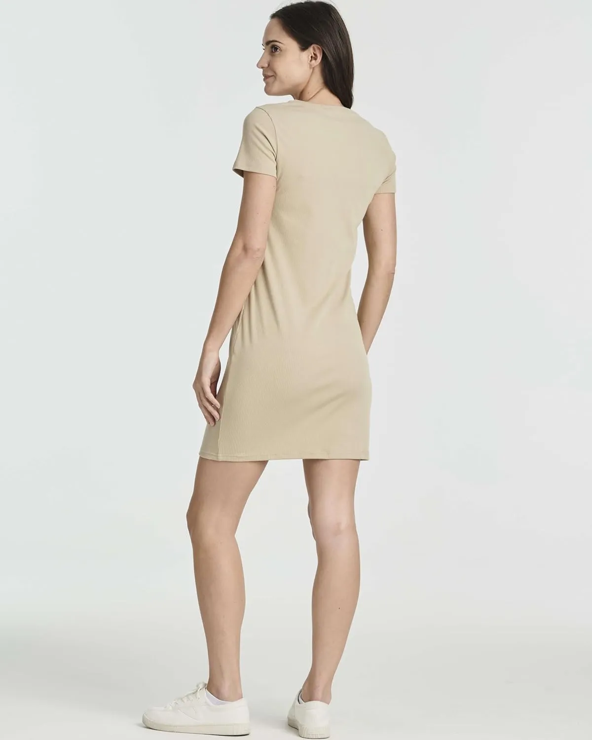 Real Essentials 3 Pack: Women's Ribbed Knit Short-Sleeve V-Neck Swing T-Shirt Casual Dress (Available in Plus)