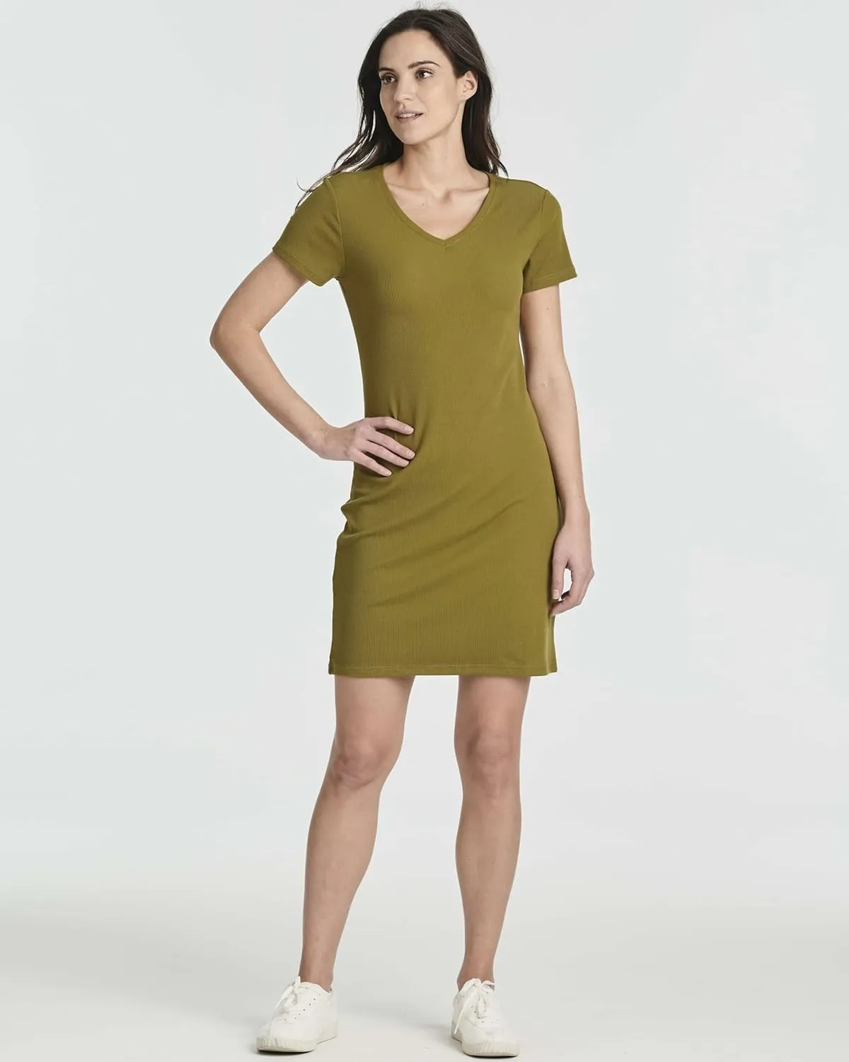 Real Essentials 3 Pack: Women's Ribbed Knit Short-Sleeve V-Neck Swing T-Shirt Casual Dress (Available in Plus)